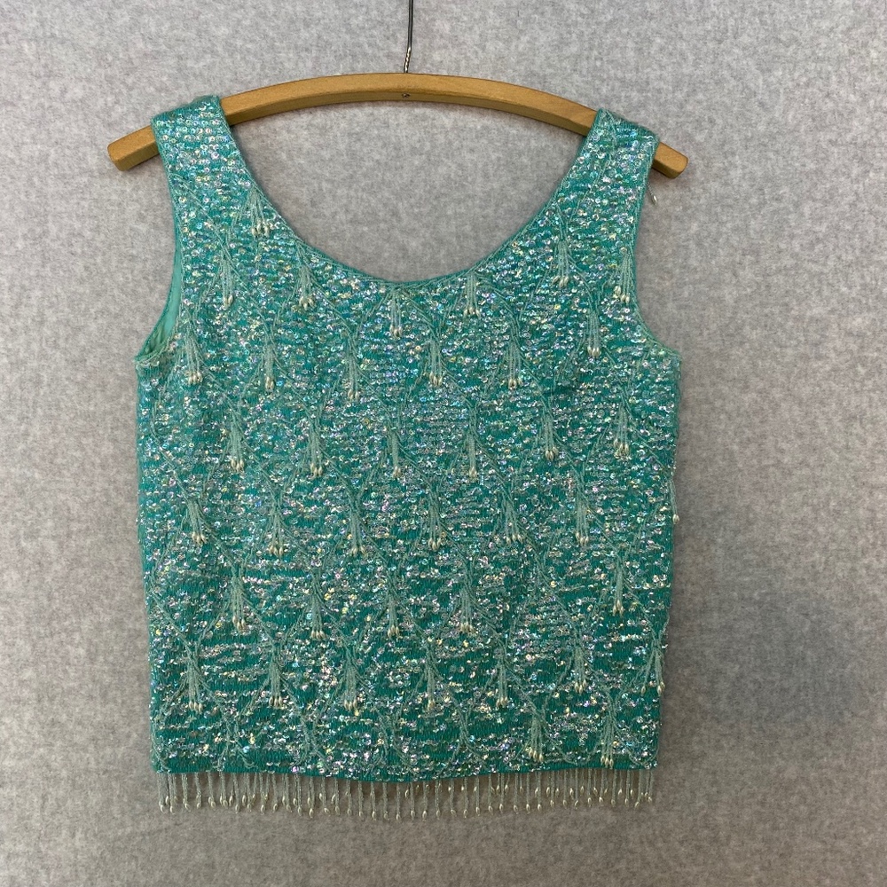 60s Size S Hand Beaded Sequined Cocktail Sweater Cocktail Sweater Fringed Lined
